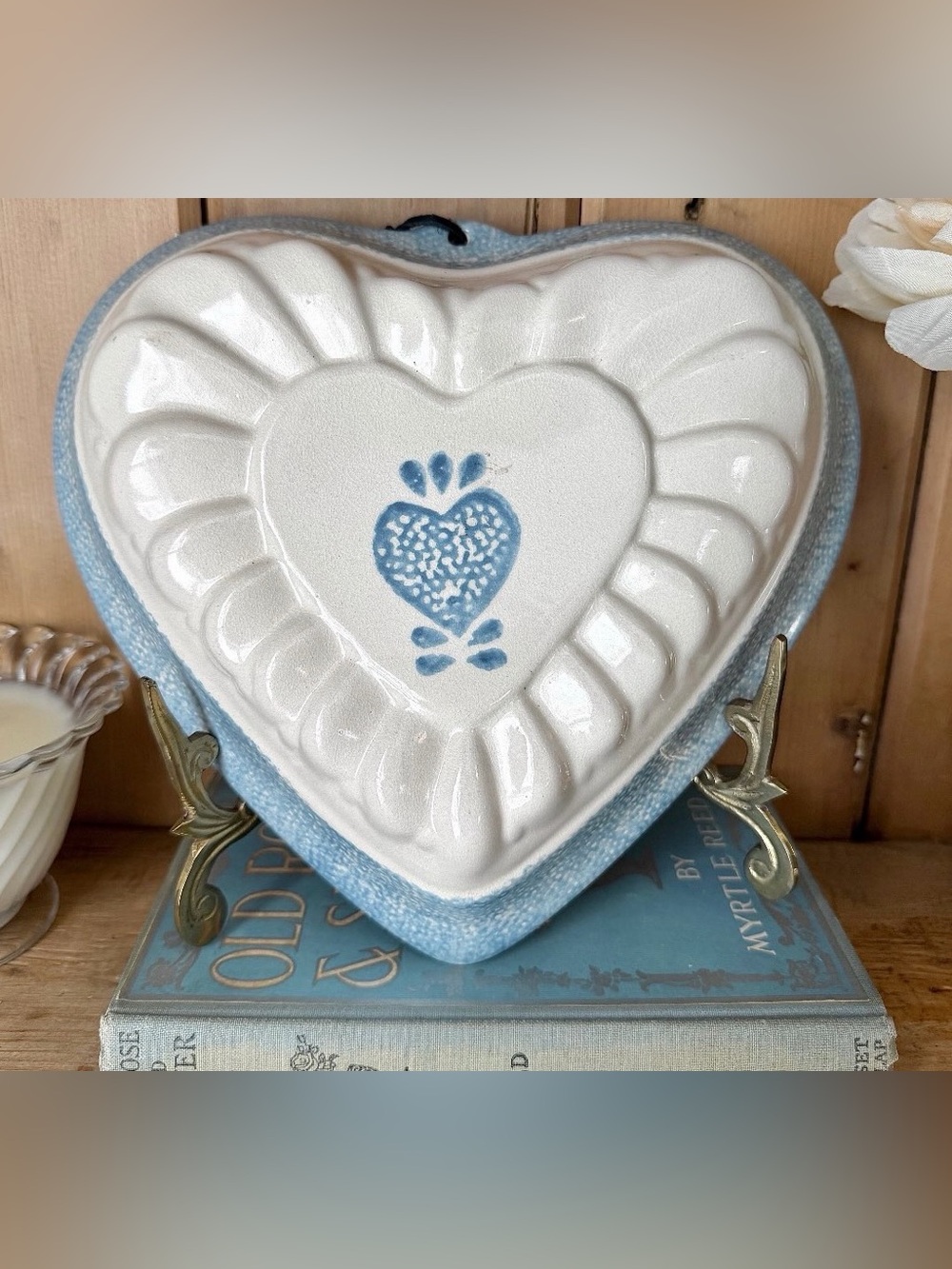 Vintage Blue Heart Stoneware Cake Mold